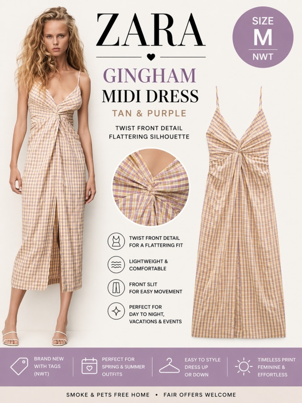 ZARA Women Tan Purple Gingham Midi Dress NWT Size M